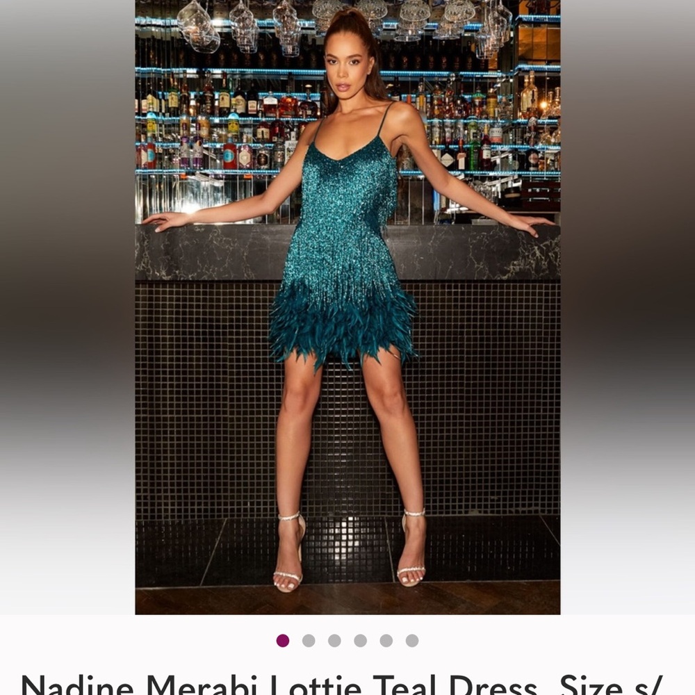NADINE MERABI Teal Sequin & Feather Mini Dress